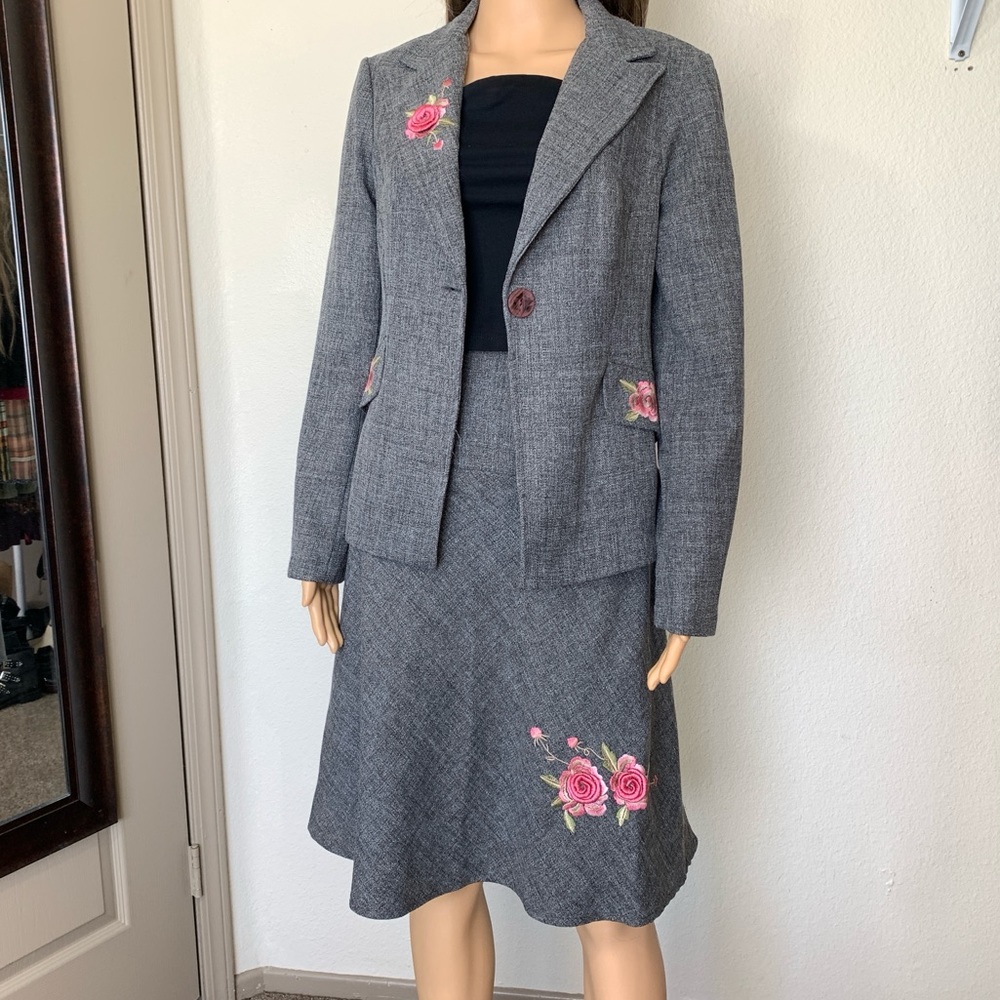 Vintage Grey 2 piece Ladies Skirt Blazer Set Sz L Pin Up Womens Suit Rubber Duck